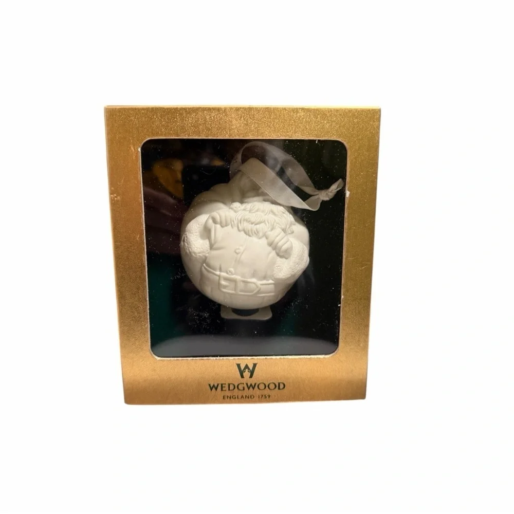 Wedgwood Cream Puffer Santa Ornament in Gold Box
